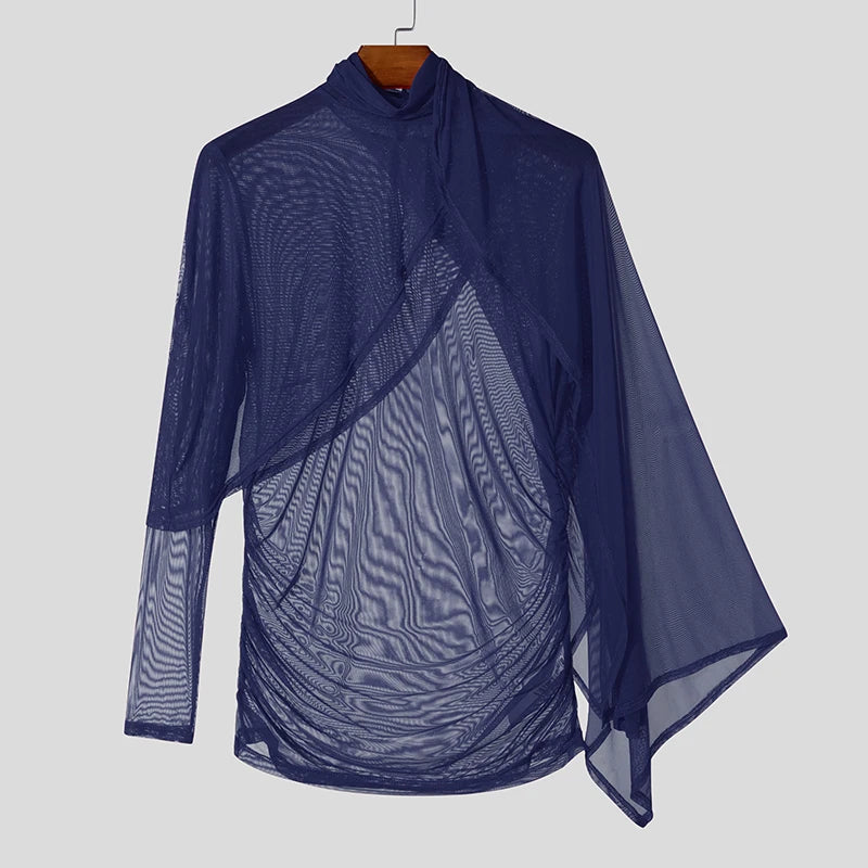 INCERUN Men See Through Solid Color Knitted T-Shirts Long Sleeve High Collar Camiseta Ruffled Edge Sexy Elegant Tops Fashion Top