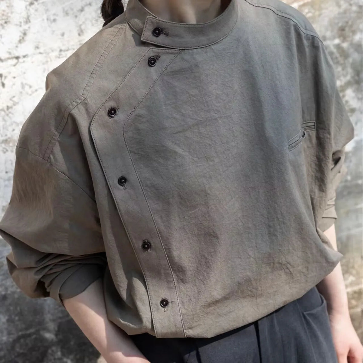 Elegant Grey-Brown Stand Collar Long Sleeve Shirt New Chinese Style Fashionable Design Cotton Top for Young Women