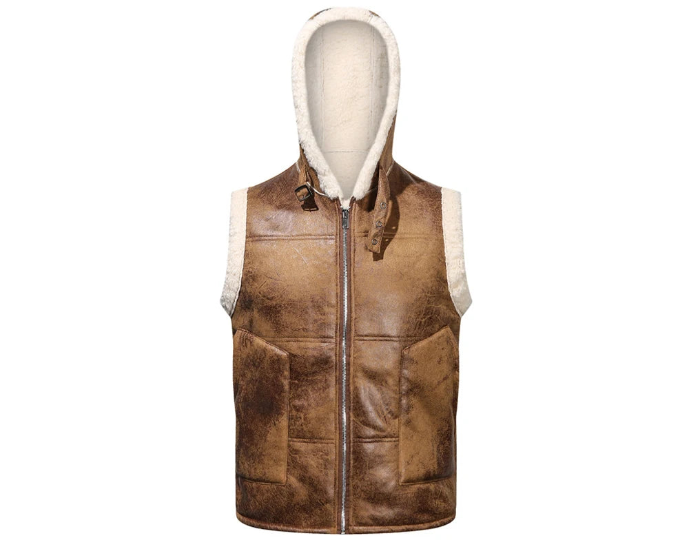 Winter Men's Fleece Warm PU Leather Vests Classical Men Faux Fur Motorcycle Leather Vests Men Windbreaker Hooded Vests Clothing