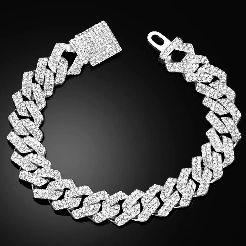 14/20MM Metal Cuban Bracelet Iced Out Chain Bling Full Rhinestone Pave Luxury Crystal Bracelet For Men's Jewelry Gift