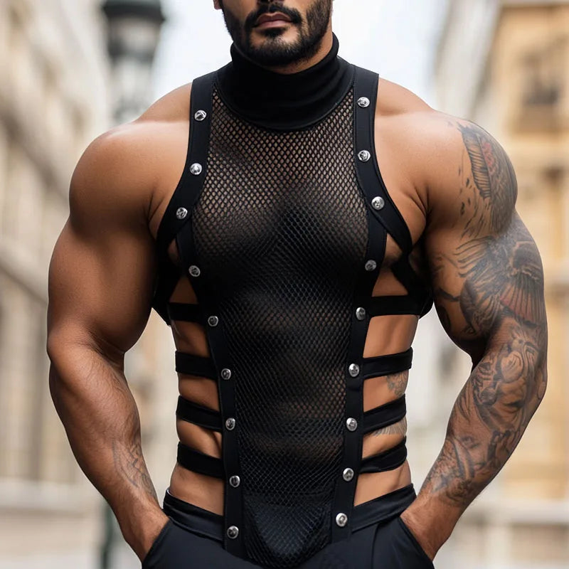 INCERUN Men Tank Tops Mesh Patchwork See Through Turtleneck Sleeveless Male Vests Streetwear Hollow Out Sexy Men Clothing Summer