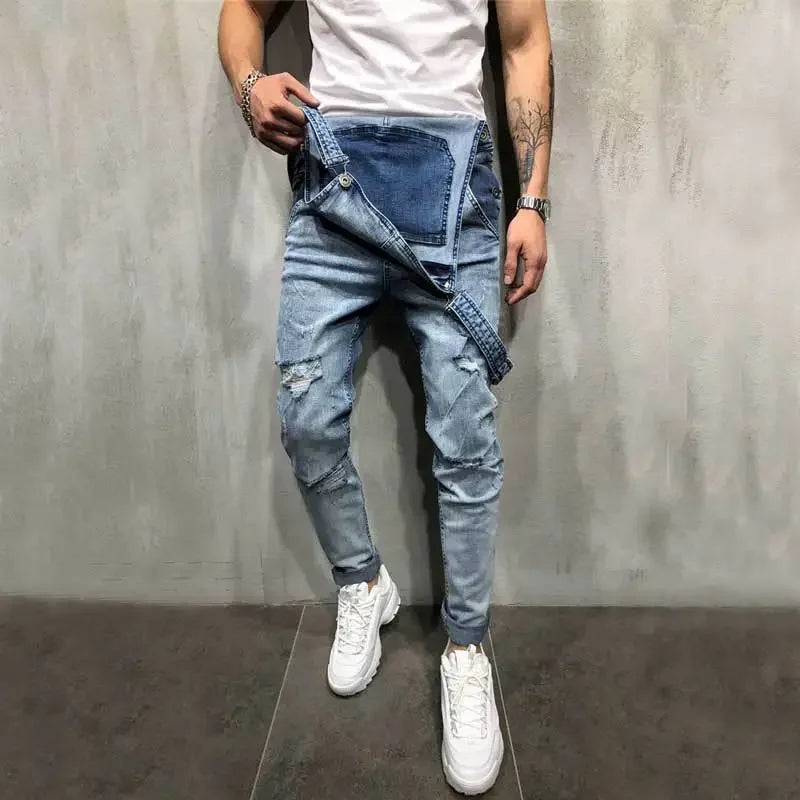 Men Jeans Jumpsuits Denim Overalls Distressed Pockets One Piece Pencil Pants Solid Washed Ankle Length Safari Style Spliced 2025