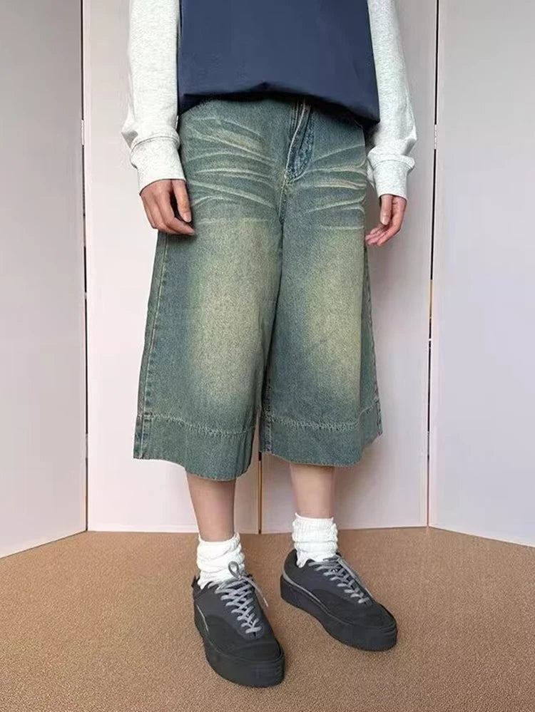 Men's Summer Jean Shorts High Street Harajuku Casual Straight Jeans Washed Five-point Pants Male Vintage Baggy Denim Short Pant