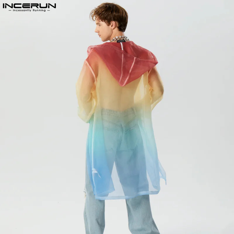 Men Trench Tie Dye Gradient Hooded Long Sleeve Transparent Open Stitch Casual Coats Streetwear Fashion Male Cardigan INCERU