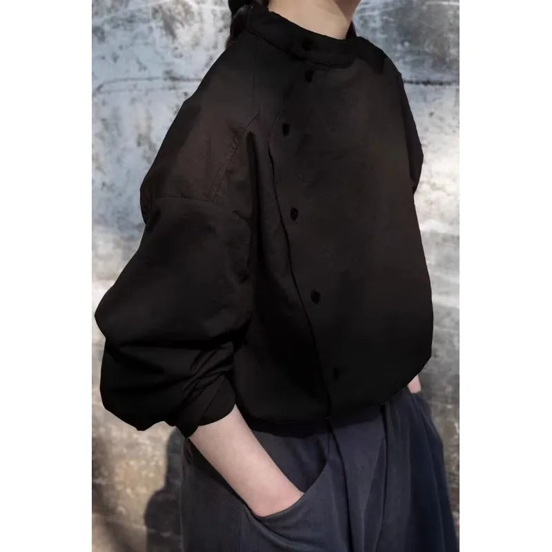 Elegant Grey-Brown Stand Collar Long Sleeve Shirt New Chinese Style Fashionable Design Cotton Top for Young Women