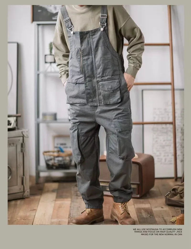 Trendy Brand Straight Tube Multi Pocket Work Overalls Men's Light Green Hip-hop Jumpsuit Couple Suspender Pants