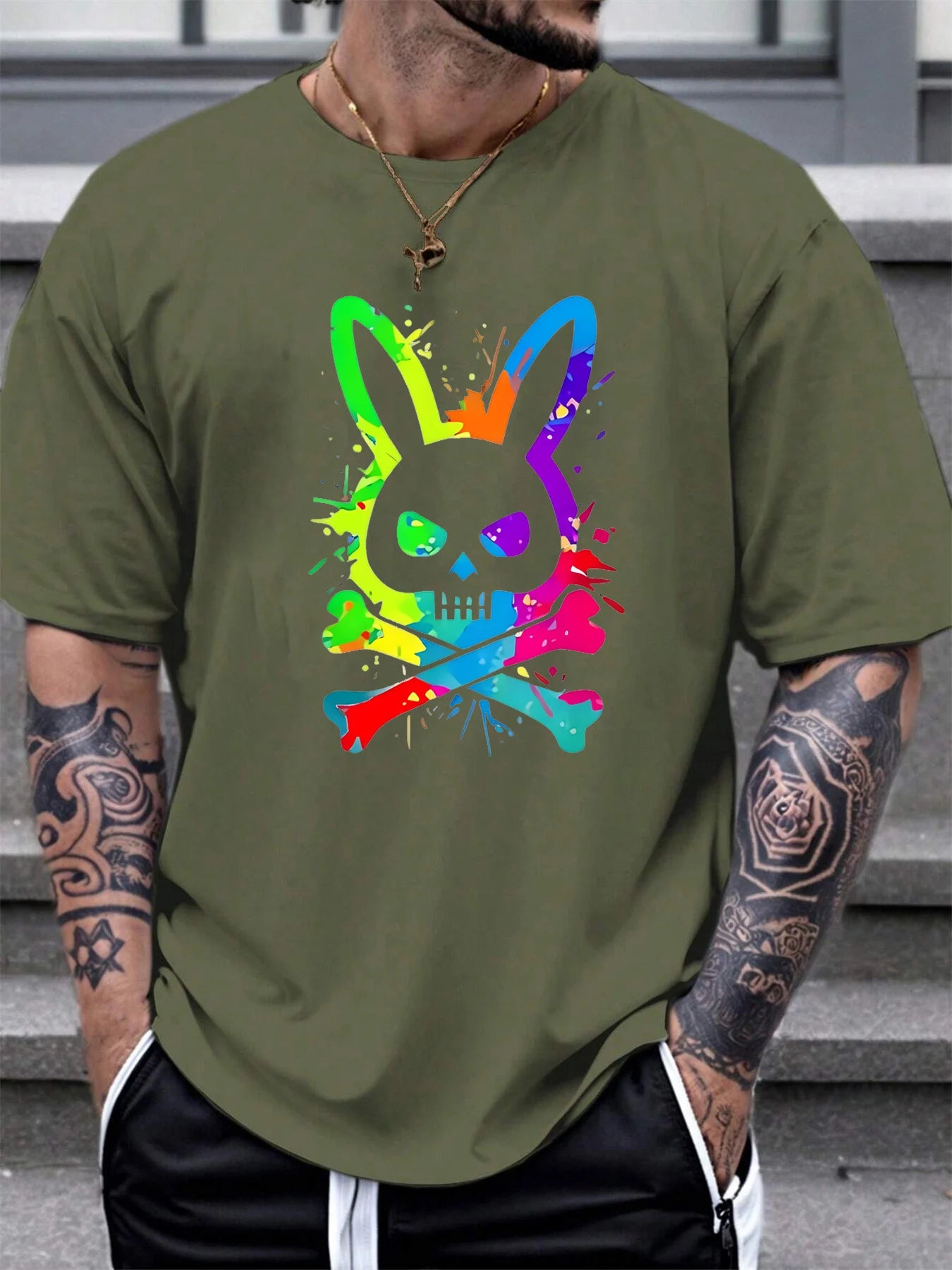 Men's summer 100% pure cotton fashionable casual loose color skull and rabbit print sports round neck short sleeved T-shirt top