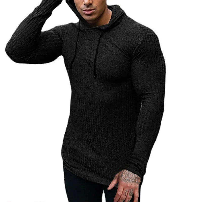 New Fashion Spring Autumn Hooded Sweaters Men Thin Knitted Gym Clothing Slim Fit Pullover Man Classic Ribbed Knit Hoodie Jumper