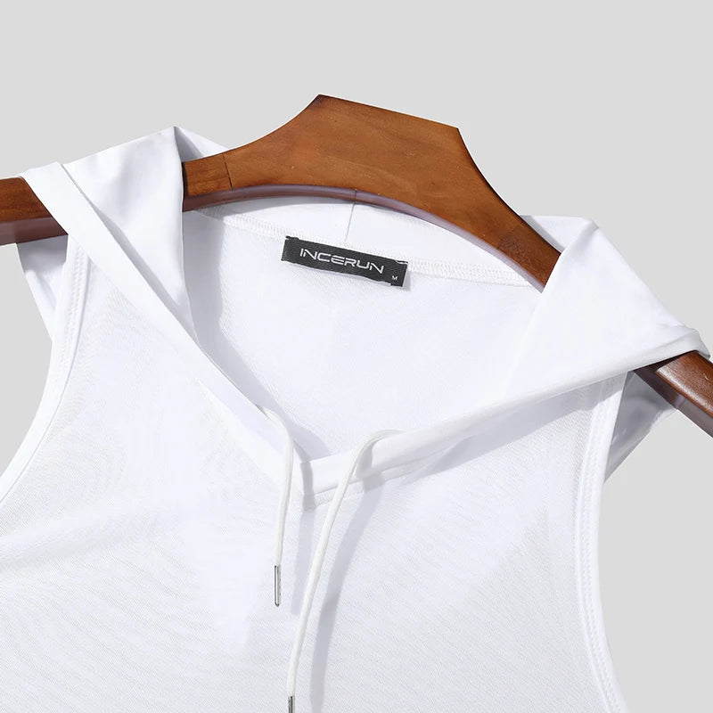 INCERUN Men Tank Tops Mesh Transparent Solid Color Hooded Sleeveless V Neck Male Vests Streetwear Sexy 2024 Fashion Men Clothing