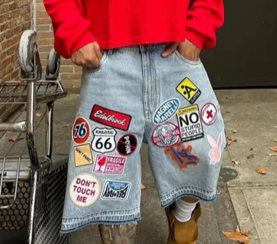Y2K Jeans Men Women Hip Hop Cartoon Graphics Streetwear Retro Patchwork Denim Short Retro Blue Loose Denim Fitness Casual Shorts