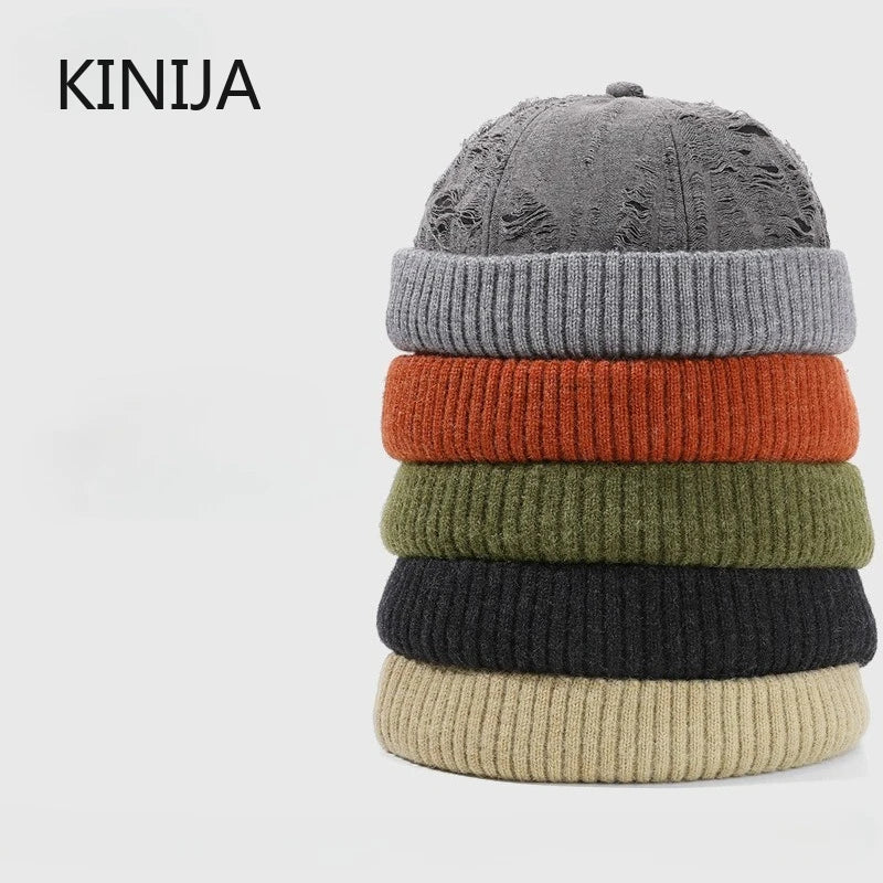 Men's Beanie Cap Knit Hat Boy Skullcap Sailor Cap Cuffs Solid Color Unisex Autumn Warm Cap Korean Version Small Face Cold Hat