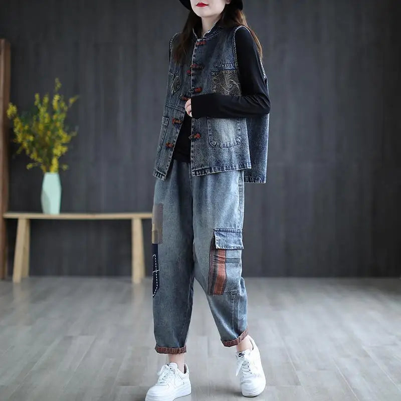 Women's Denim Vest Cotton Spring and Summer Short Plus Size Vest Chinese Style Retro Korean Fashionable Sleeveless Jacket Women