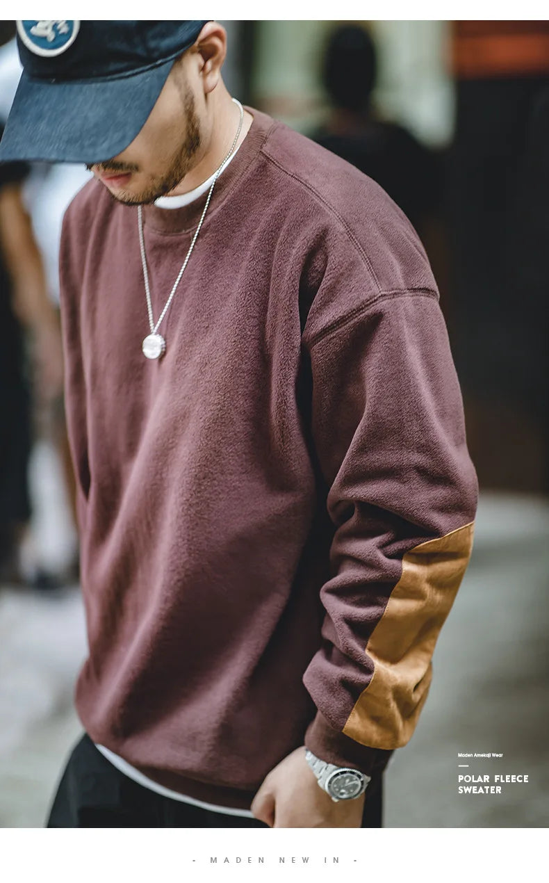 Maden Warm Fleece Sweatshirts For Men Polar Pullover Loose Splicing Jacket Casual Sweatshirarajuku Coat Sportswear Man Clothing