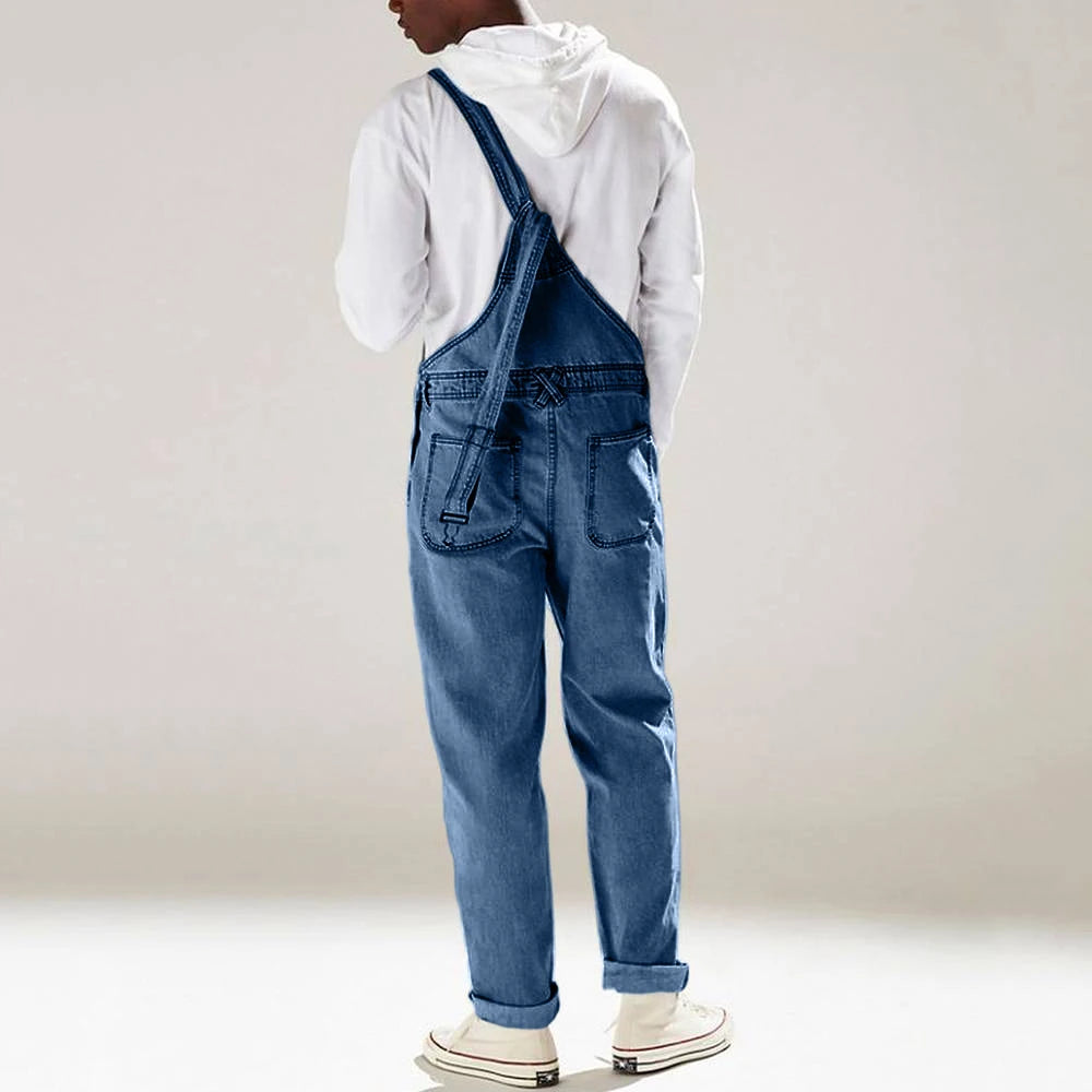 Streetwear Men's Solid Color Multi-pocket Denim Bib Overalls Casual Daily Denim Jumpsuit Fashion Male Suspender Long Pants