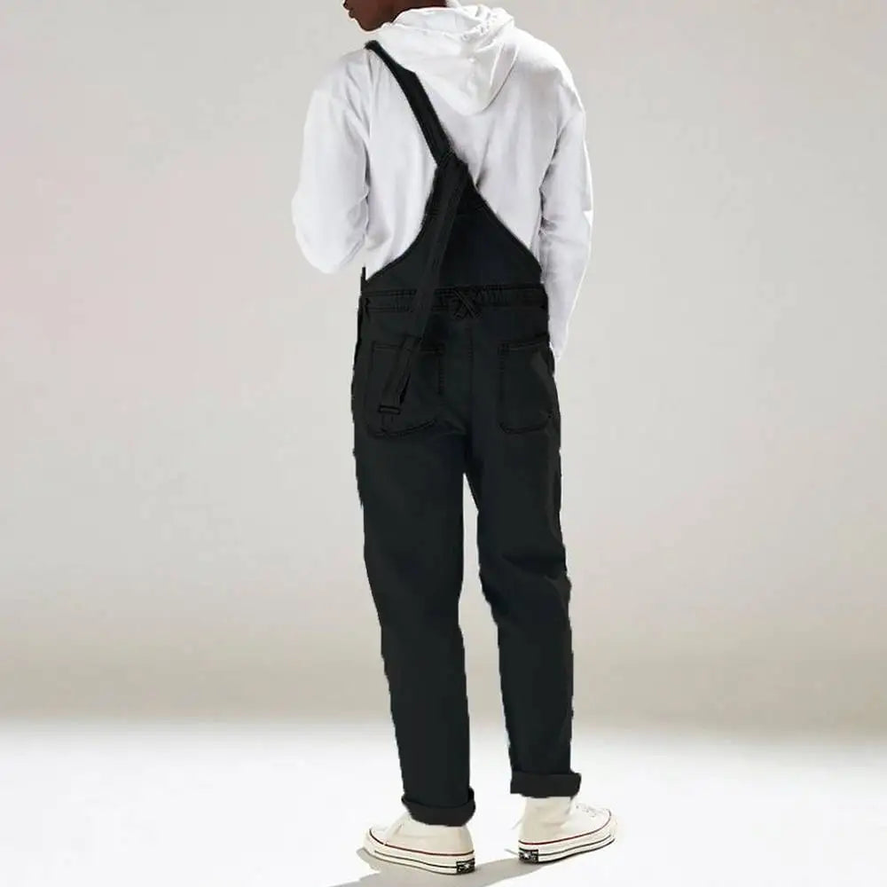 Streetwear Men's Solid Color Multi-pocket Denim Bib Overalls Casual Daily Denim Jumpsuit Fashion Male Suspender Long Pants