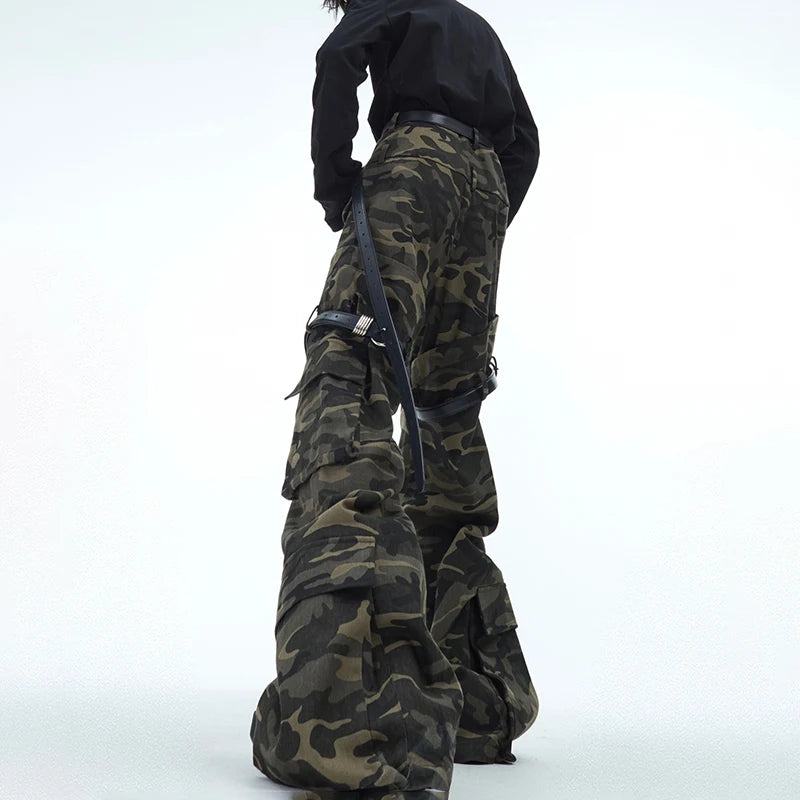 LUZHEN Belt Design Camouflage Work Pants Washed Vintage High Quality Cargo Trousers Trendy Streetwear Men's Straight LZ7881