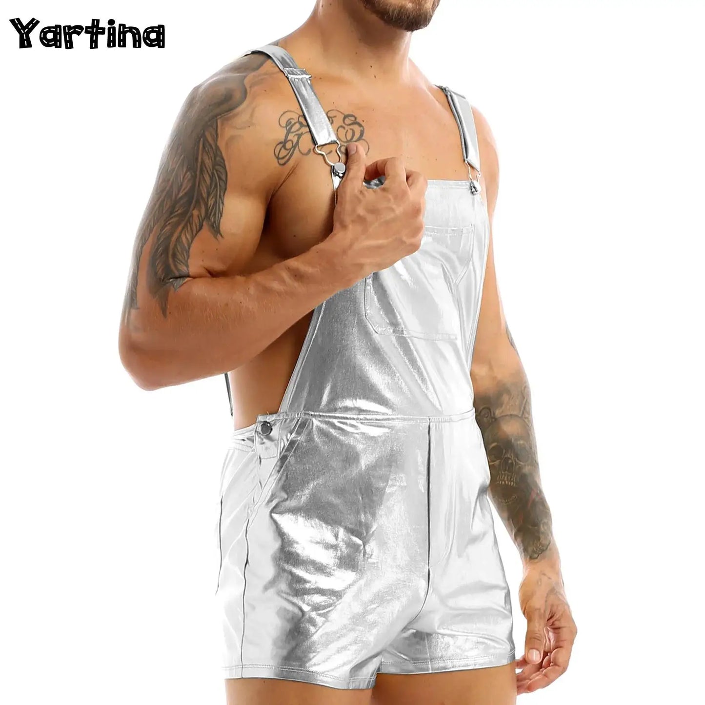 Mens Shiny Metallic Bib Overall Suspender Shorts Jazz Hip Hop Leotard Dance Costumes Shoulder Straps Jumpsuit Suspender Romper