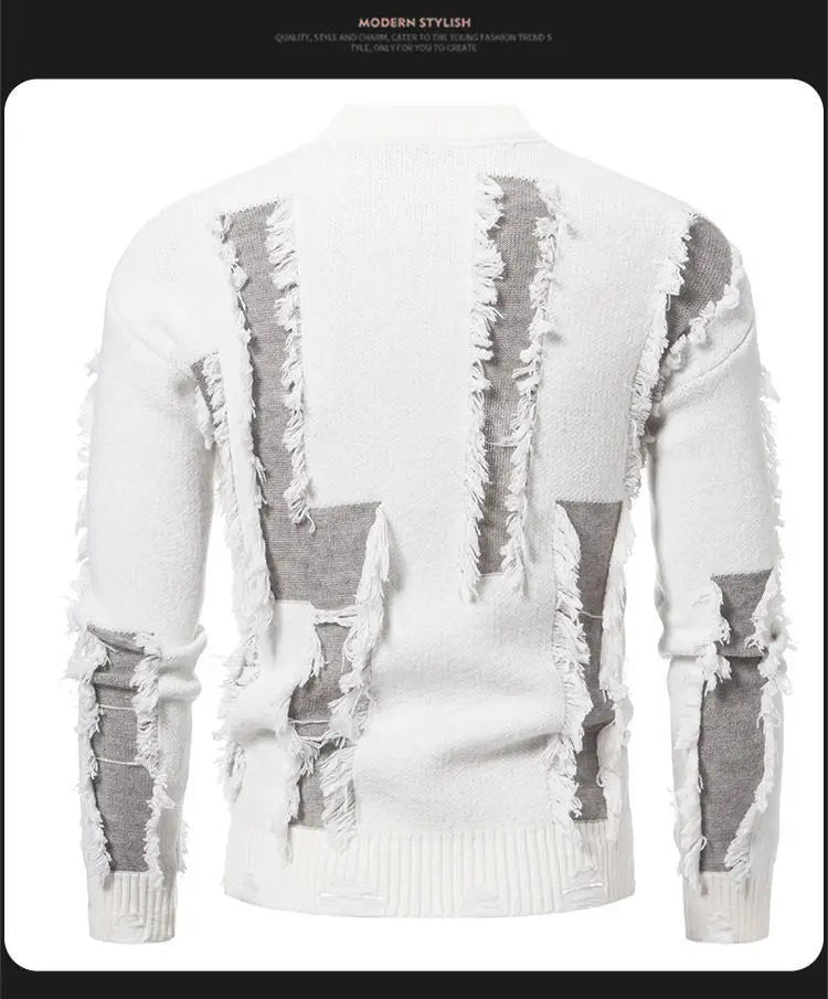 Fashion 2025 Autumn and Winter New Men's Sweater Color-blocked Ripped Round Neck Long Sleeve Base Shirt Knitted Sweater