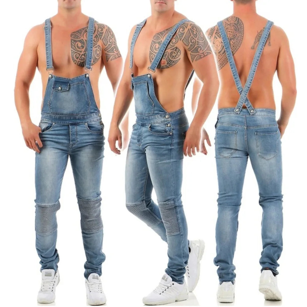 Men Jeans Jumpsuits Denim Pencil Pants Overalls Solid One Piece Washing Cargo Pockets Mid Waist Streetwear Ankle Length Slim