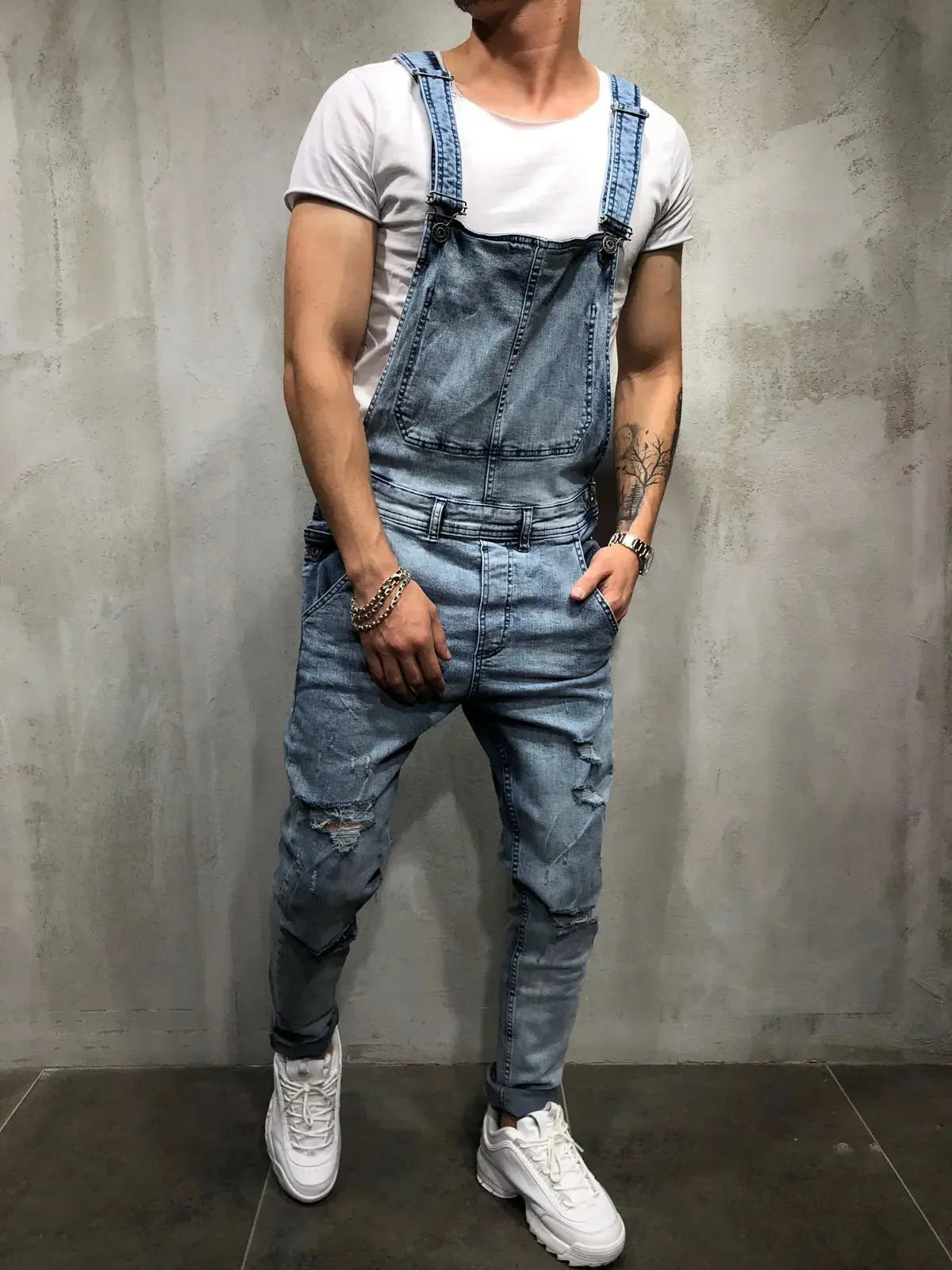 Men Jeans Jumpsuits Denim Overalls Distressed Pockets One Piece Pencil Pants Solid Washed Ankle Length Safari Style Spliced 2025