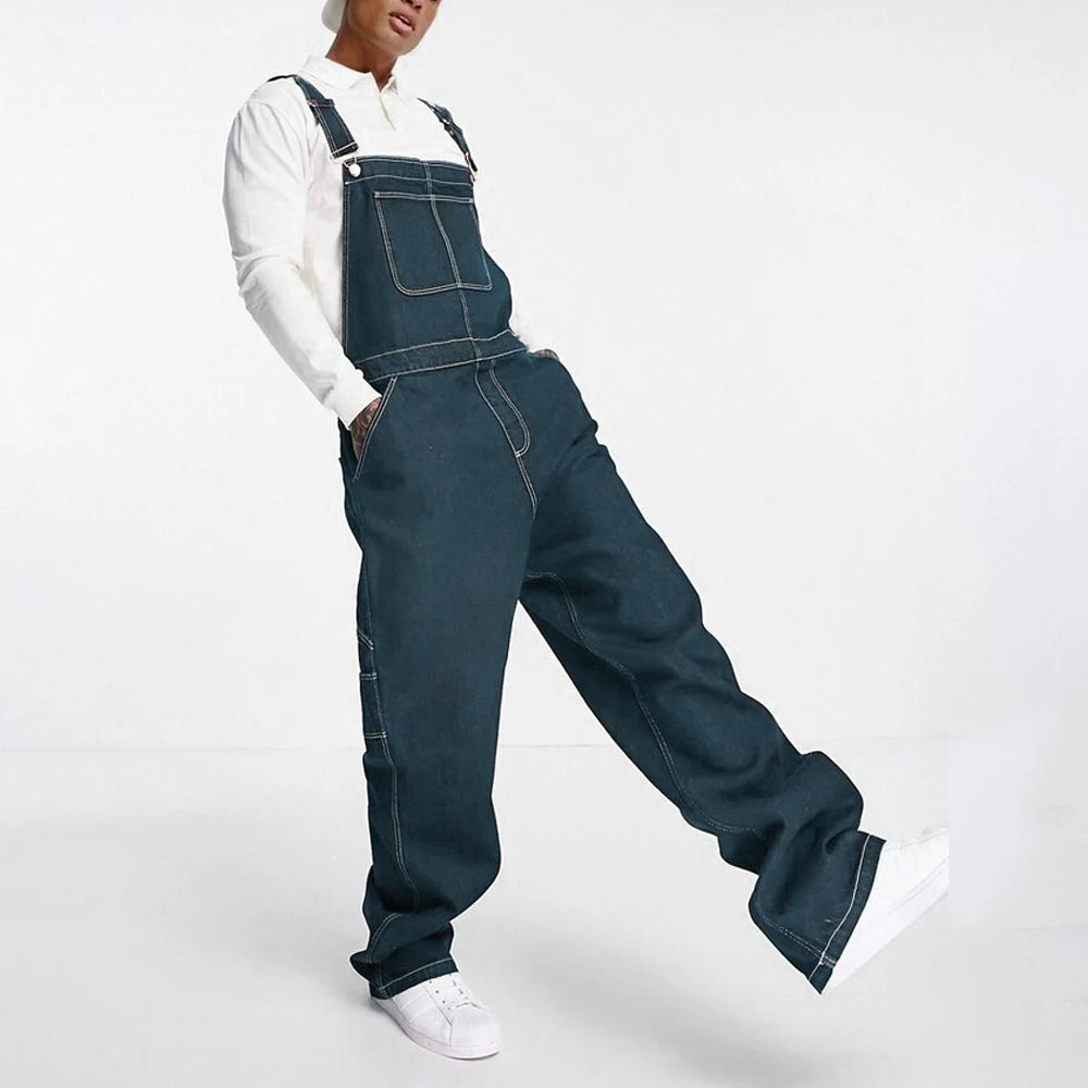 Men's Suspenders American Retro Denim Overalls Bibs Wear-Resistant Slash Pocket Baggy Jumpsuit for Men Streetwear Wide Leg Jeans