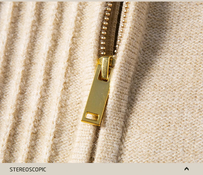 Luxury New Men's knitted sweater coat fashion jacquard zipper half high collar thicken warm soft comfort solid color cardigan