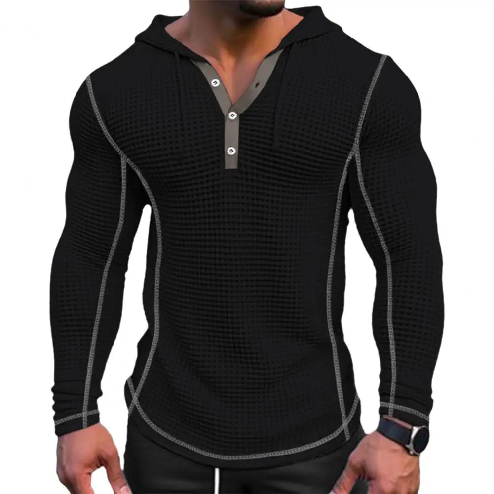 Breathable Waffle Fabric Sweatshirt Stylish Men's Waffle Cotton Hoodie Slim Fit Button Closing Breathable Long for Fashionable