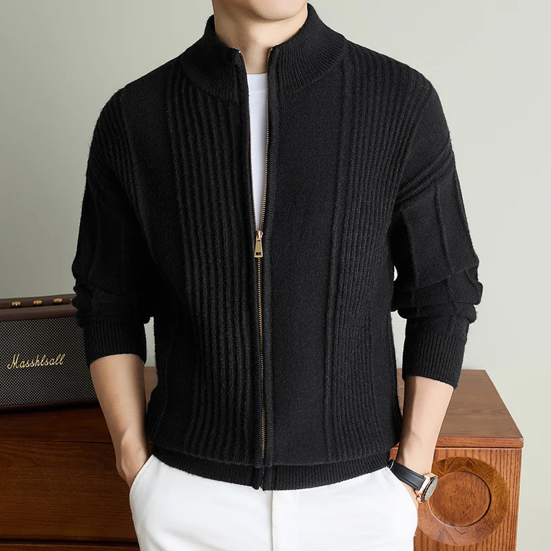 Luxury New Men's knitted sweater coat fashion jacquard zipper half high collar thicken warm soft comfort solid color cardigan