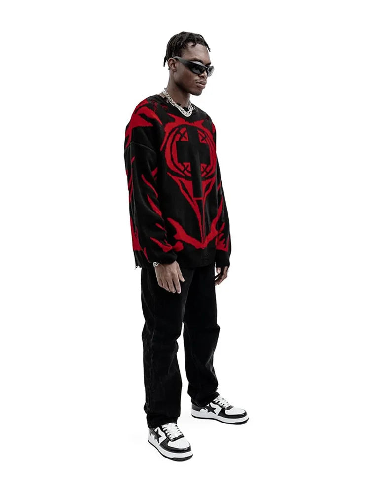 Men Sweater CMH Satan Club Pullover Knit Oversized Winter Gothic Long Sleeve Tops Graphic Streetwear Y2k Vintage Jumper Clothing