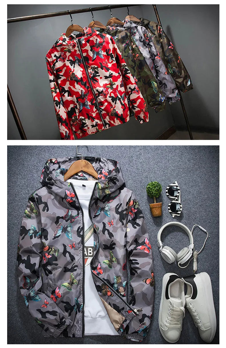 2025 Spring New Men's Camouflage Hooded Jacket Fashion Butterfly Print Loose Casual Coat Men Hood Windproof Outerwear Young Teen