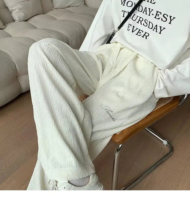 Casual Ice Silk Pants Men Wide Leg Lightweight Baggy Sweatpants White Straight Linen Trousers Male Summer Elastic Hiking