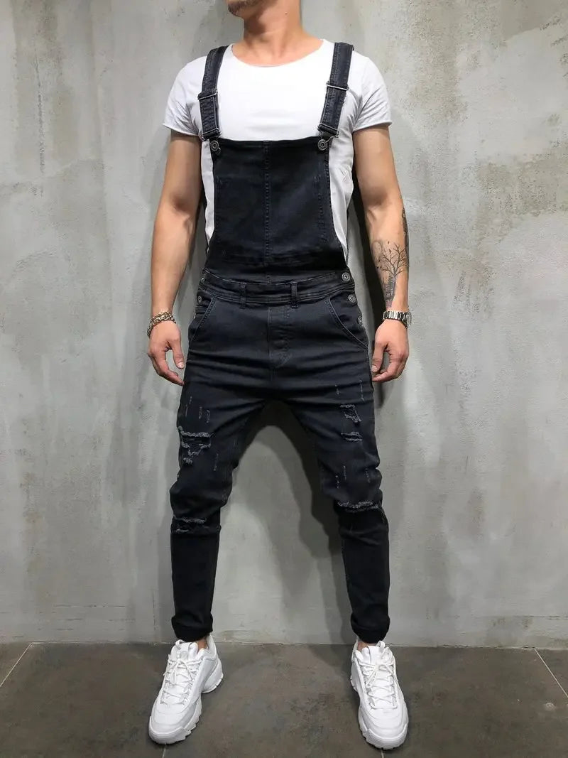 Men Jeans Jumpsuits Denim Overalls Distressed Pockets One Piece Pencil Pants Solid Washed Ankle Length Safari Style Spliced 2025