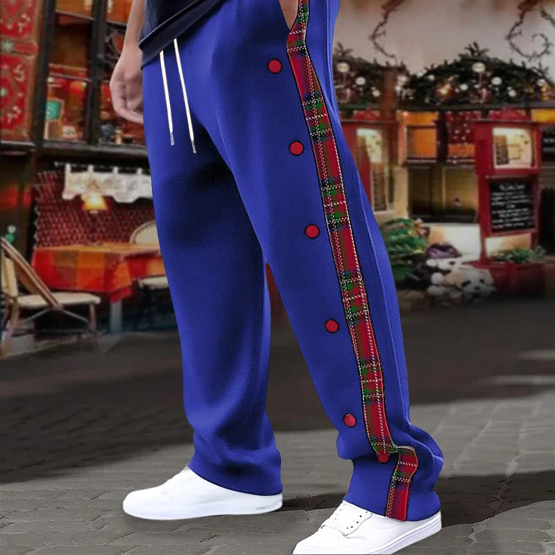 American New Men's Sports Pants Spring and Autumn Breasted Plaid Stitching Design Casual Pants Loose Straight Men's Sweatpants