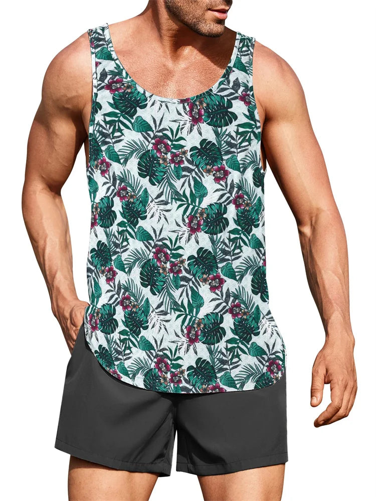 New Summer Men's Sleeveless T-Shirt Men's Outdoor Hawaii Classic Travel Wear Plus-Size Round Neck Palm Leaf 3D Printed Vest