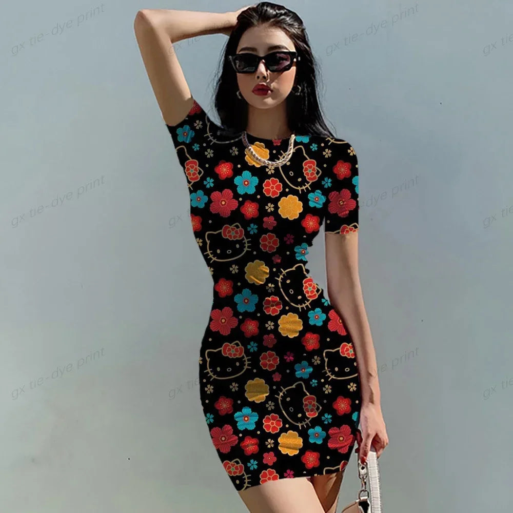 Summer Women's New Korean Temperament HELLO KITTY Print Dress Section Short-sleeved Waist Tight Sexy Bag Hip Dress