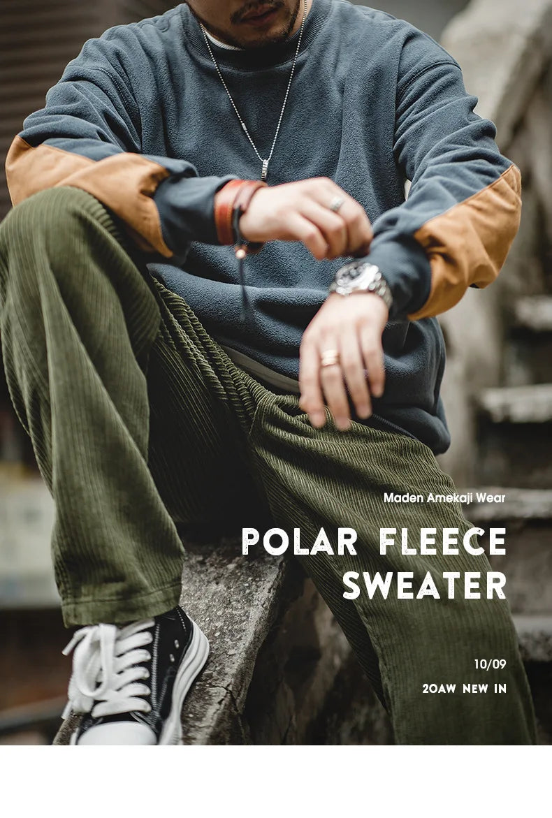 Maden Warm Fleece Sweatshirts For Men Polar Pullover Loose Splicing Jacket Casual Sweatshirarajuku Coat Sportswear Man Clothing