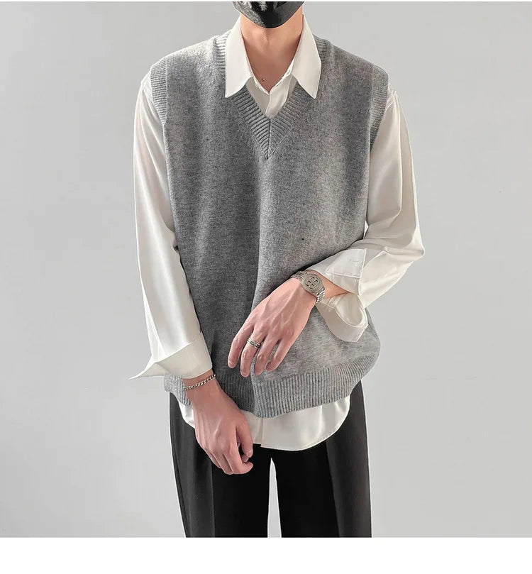 Korean Loose Base Knitted Sweater Sleeveless Vest Men's Underwear Pullover V-neck Sweater Vest
