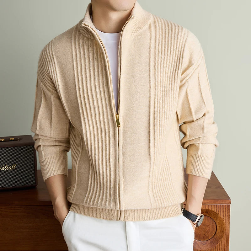 Luxury New Men's knitted sweater coat fashion jacquard zipper half high collar thicken warm soft comfort solid color cardigan