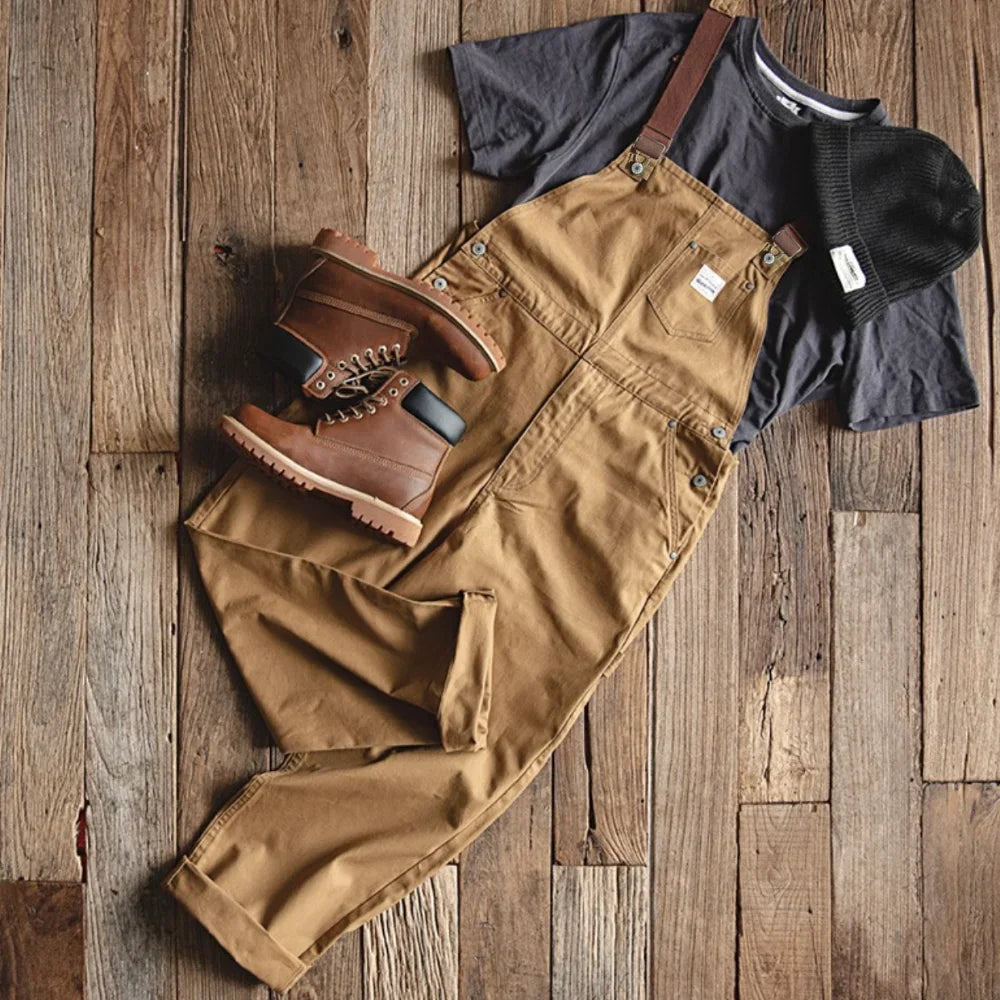 Mens Cargo Pants Japanese Retro Overalls Khaki Suspenders Spring Canvas Male Fashion Large Size Full Length Trousers