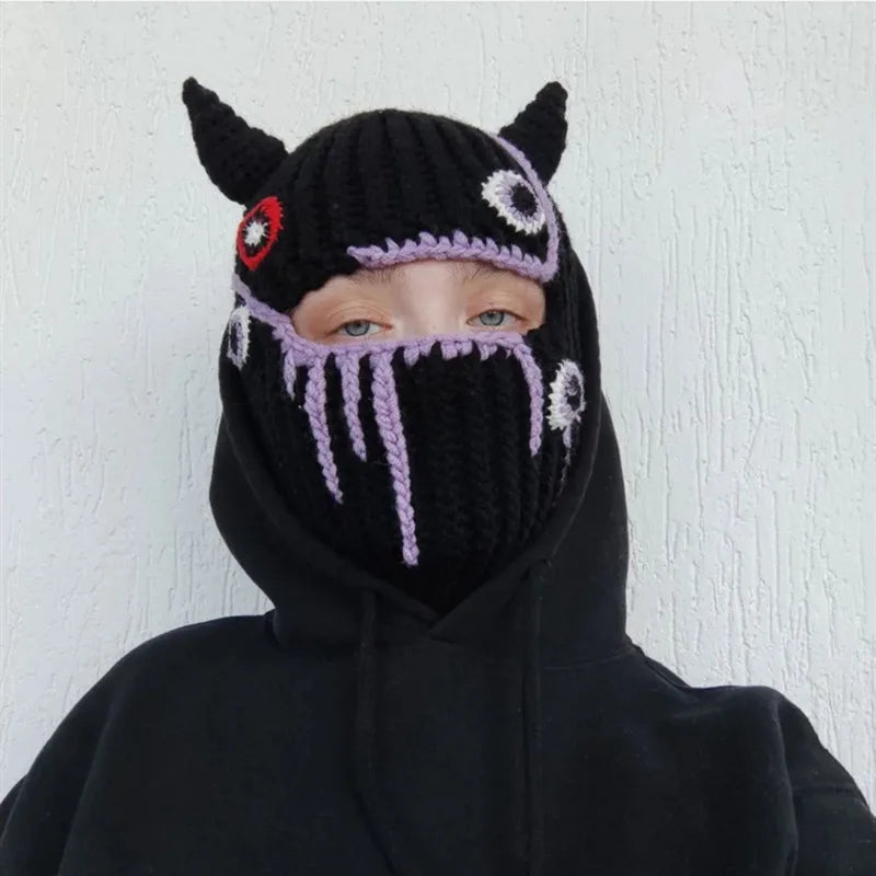 Funny Horns Knitted Hat Cosplay Halloween Masquerade Beanies Warm Full Face Cover Ski Mask Hat Windproof Helmet Trick Scare Prop