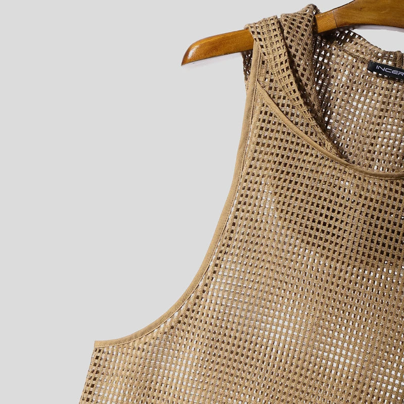 INCERUN Men Tank Tops Mesh Hollow Out Sexy See Through Hooded Sleeveless Male Vests Solid Streetwear Fashion Men Clothing S-3XL