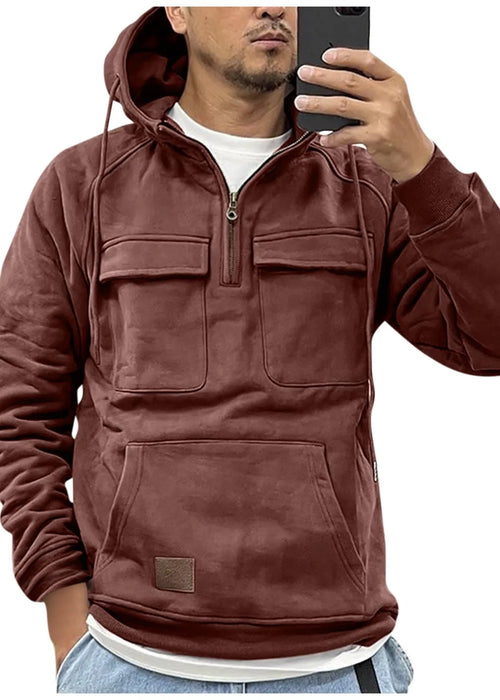 Men'S Hooded Solid Color Hoodie, Fashionable Youth Sports Multi Pocket Patch Leather Sweater Jacket Sweatshirts For Men Hoodies