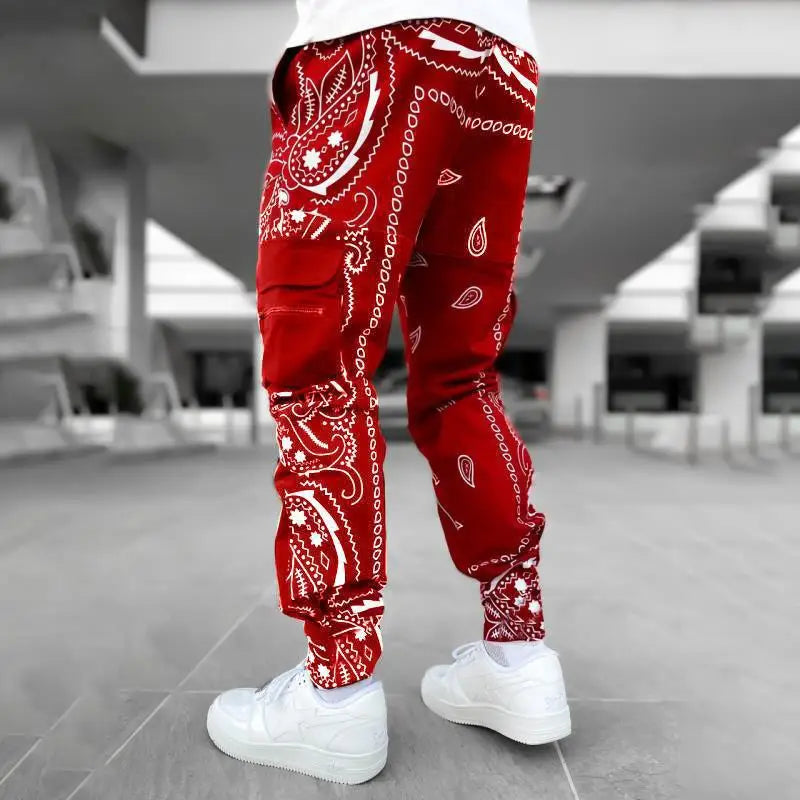 New Men's Cargo Pants Trend Printed Loose Hip Hop Fashion Street Wear Big Pocket Overalls Men Bright Color Four Seasons Trousers