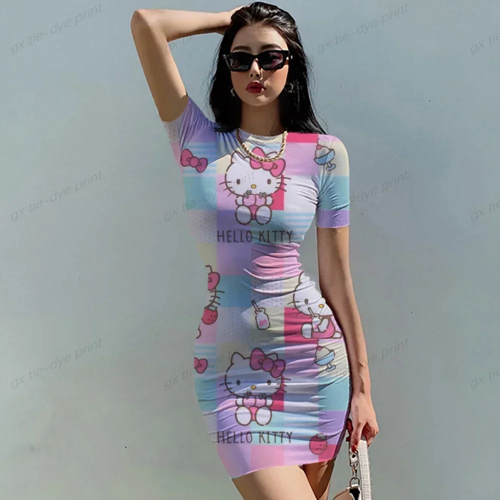 Summer Women's New Korean Temperament HELLO KITTY Print Dress Section Short-sleeved Waist Tight Sexy Bag Hip Dress