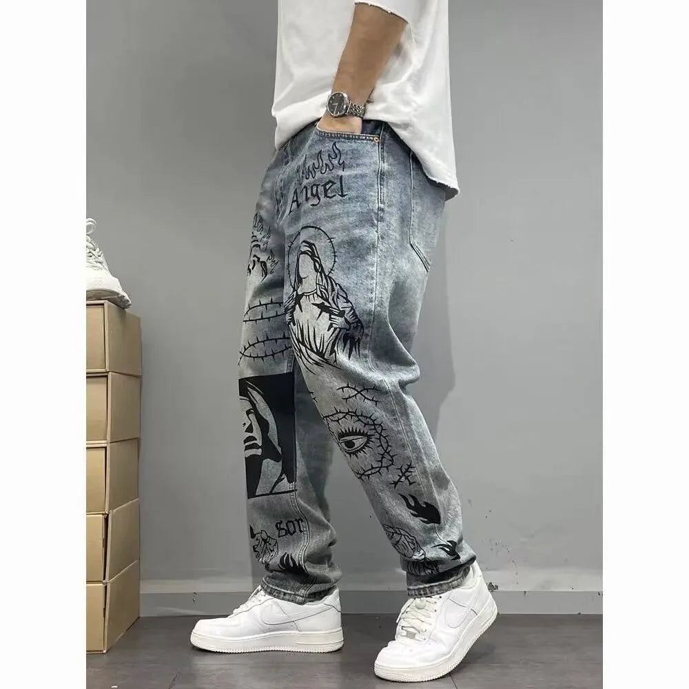 Autumn and Spring New Fashion Trend Printed Straight Leg Sports Denim Pants Men's Loose Comfortable Plus Size High Quality Pants