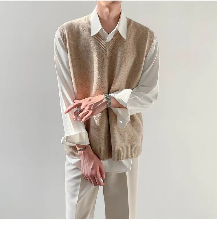 Korean Loose Base Knitted Sweater Sleeveless Vest Men's Underwear Pullover V-neck Sweater Vest