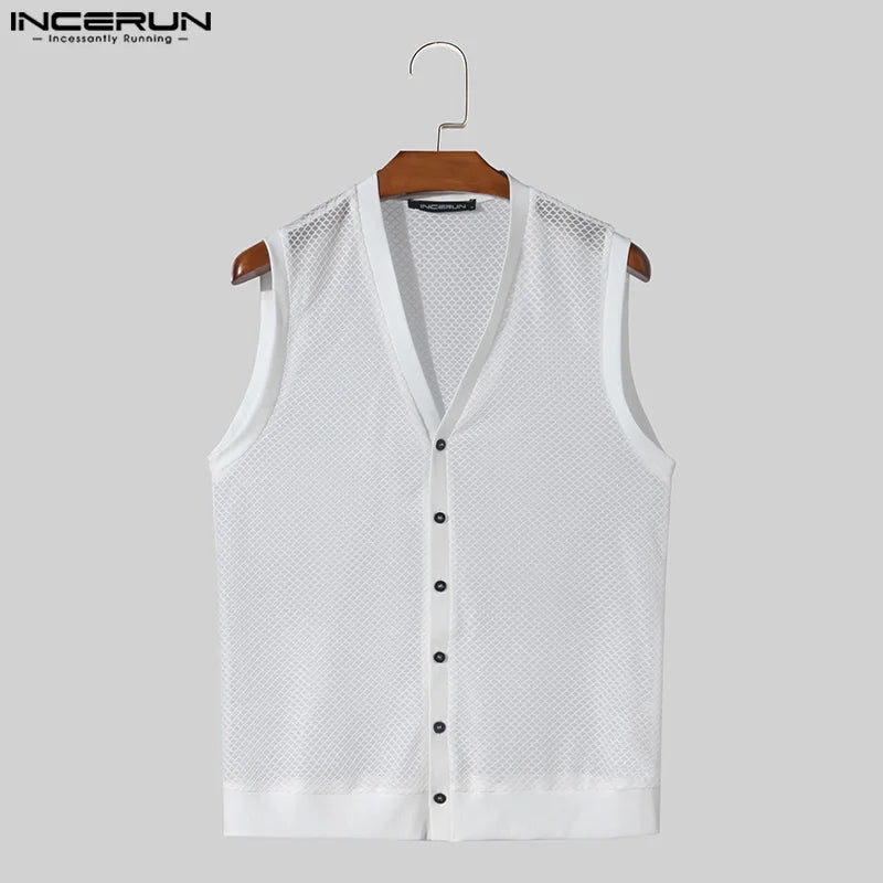 Fashion Leisure Style Tops INCERUN Men Personality Hollow Mesh Vests Summer Sexy Male Hot Sale V-neck Sleeveless Tank Tops S-5XL