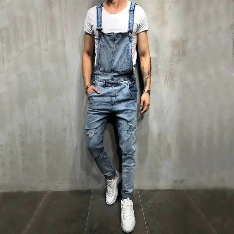 Men Jeans Jumpsuits Denim Overalls Distressed Pockets One Piece Pencil Pants Solid Washed Ankle Length Safari Style Spliced 2025