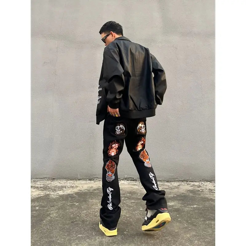 Y2K Flame Skull Pattern Embroidery Men's Jeans American Fashion Hip-Hop High Street Straight Tube Design Trumpet Denim Trousers