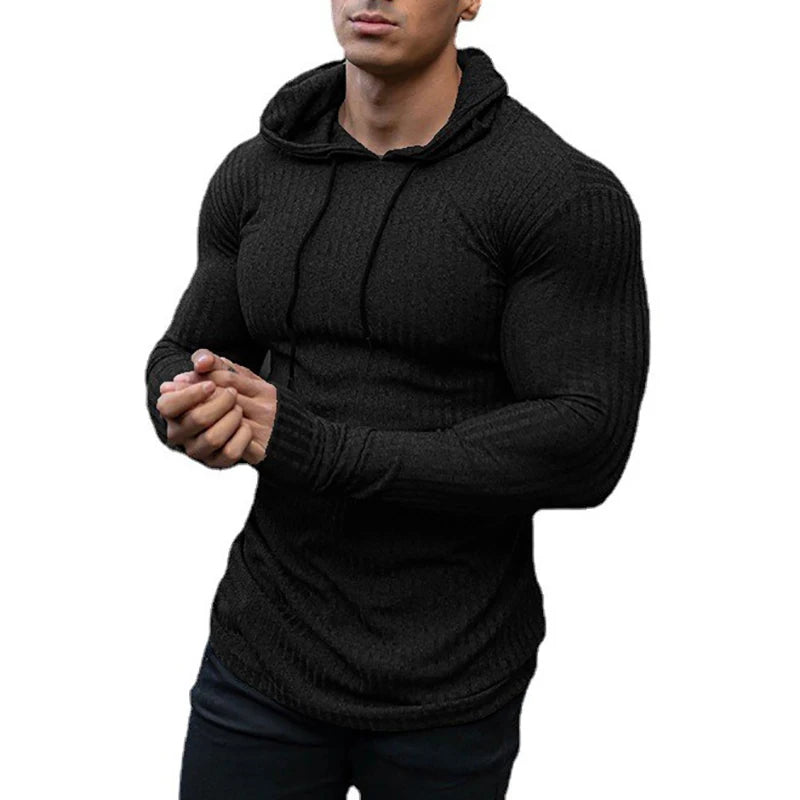 New Fashion Spring Autumn Hooded Sweaters Men Thin Knitted Gym Clothing Slim Fit Pullover Man Classic Ribbed Knit Hoodie Jumper